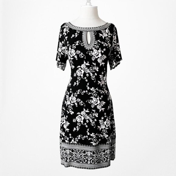 Vintage Y2K Black White Printed Knee Length Boho Knit Sheath Dress Size M - Picture 3 of 6